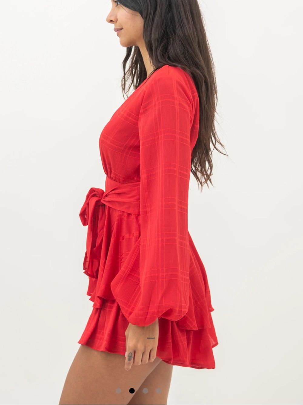 Red V-Neck Tiered romper dress with Waist Tie - Picture 2 of 6